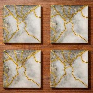 White and Gold Marble Print Coaster Set of 4 with stand